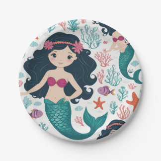 Cute Mermaid & Sea Shell Birthday Paper Plates