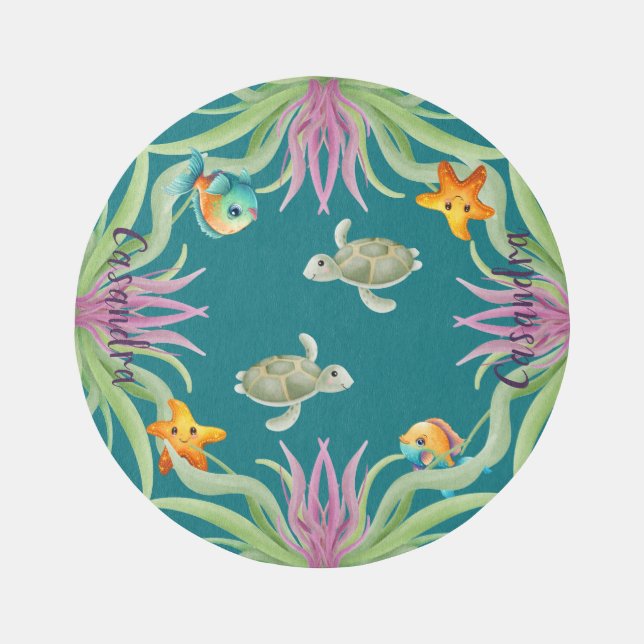 Cute Mermaid Sea Turtle Blue Fish Girls's round  Rug (Front)