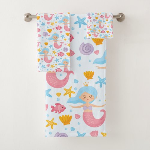 Cute Mermaid Seashells Ocean Life Beach Pattern  Bath Towel Set