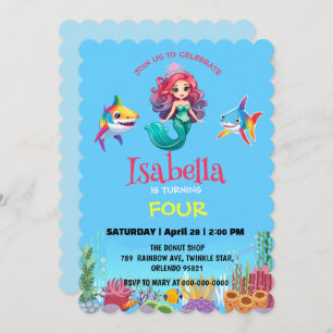 Cute Mermaid shark rainbow colorful birthday party Invitation