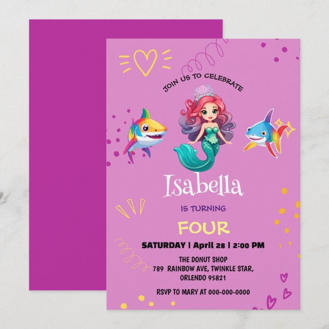 Cute Mermaid shark rainbow colorful birthday party Invitation (Front/Back)