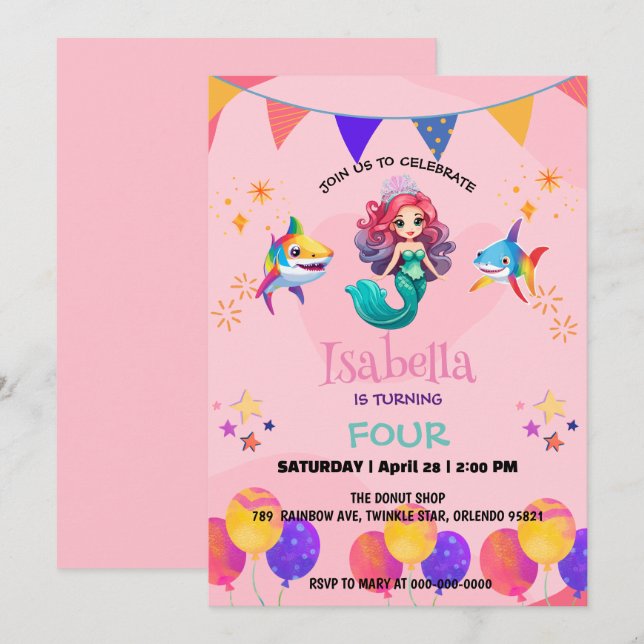 Cute Mermaid shark rainbow colorful birthday party Invitation (Front/Back)