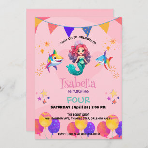 Cute Mermaid shark rainbow colorful birthday party Invitation