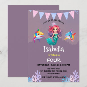 Cute Mermaid shark rainbow colorful birthday party Invitation