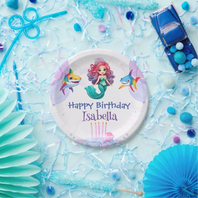 Cute Mermaid shark rainbow colorful birthday party Paper Plates (Party)
