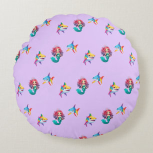 Cute Mermaid shark rainbow colorful birthday party Round Pillow