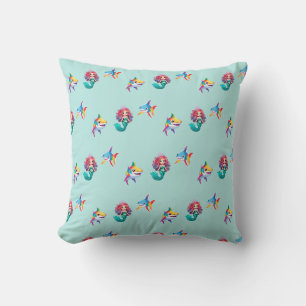 Cute Mermaid shark rainbow colorful birthday party Throw Pillow