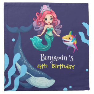 Cute Mermaid shark Whale rainbow colorful birthday Cloth Napkin