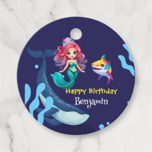 Cute Mermaid shark Whale rainbow colorful birthday Favor Tags
