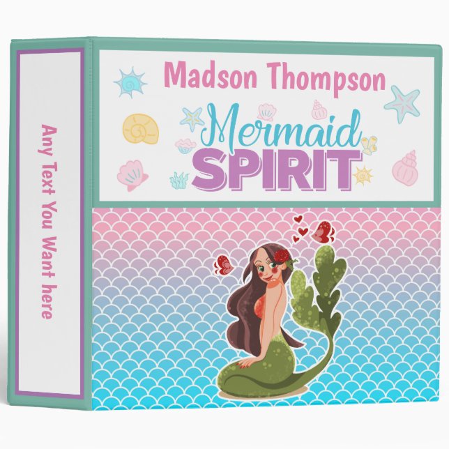 Cute Mermaid Spirit, Scales & Sea shells Custom 3 Ring Binder (Front/Spine)
