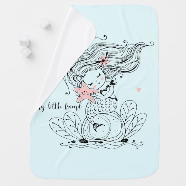 Cute Mermaid Starfish My Little Friend Blue Baby B Blanket (In Situ)