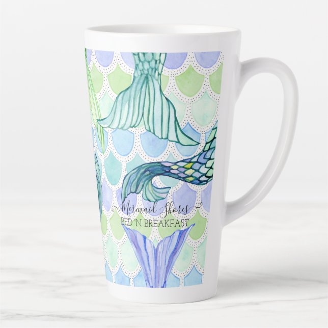 Cute Mermaid Tail Blue Scales Beach Personalized Latte Mug (Right)