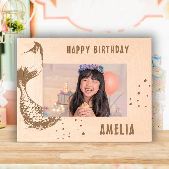 Cute Mermaid Tail Happy Birthday Girl Photo Engraved Frames (Creator Uploaded)