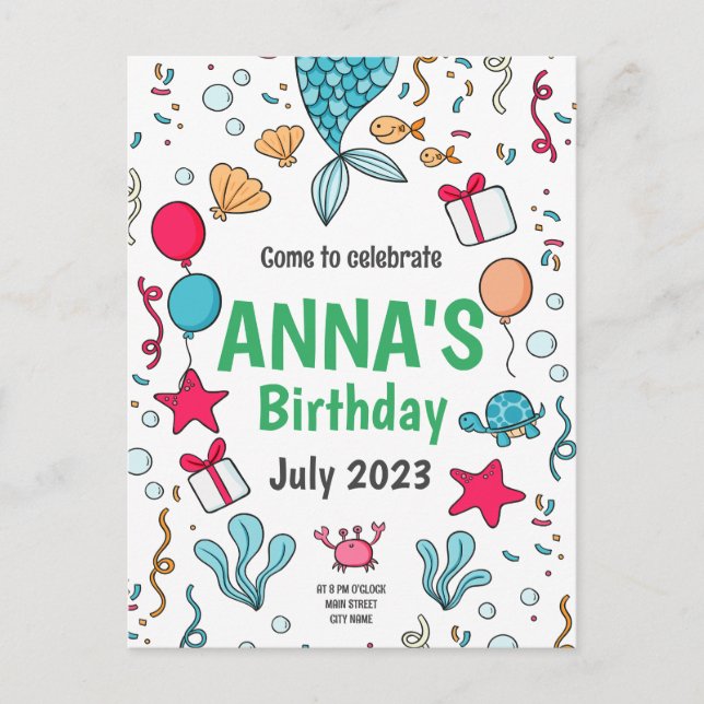 Cute Mermaid Tail, Mermaid Birthday Invitation Postcard (Front)