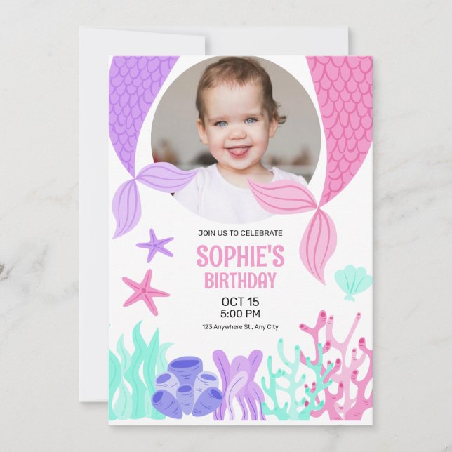 Cute Mermaid Tail, Mermaid With Photo Birthday Invitation (Front)