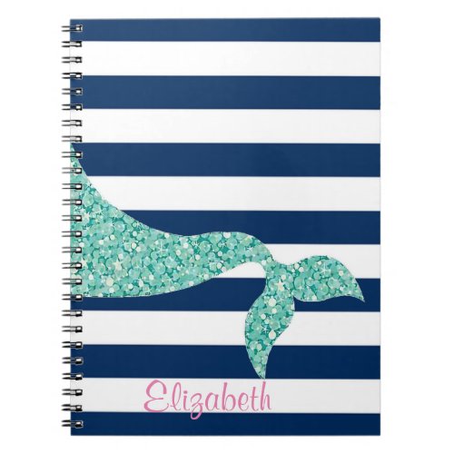 Cute Mermaid Tail Navy Blue Stripes_Personalized Notebook