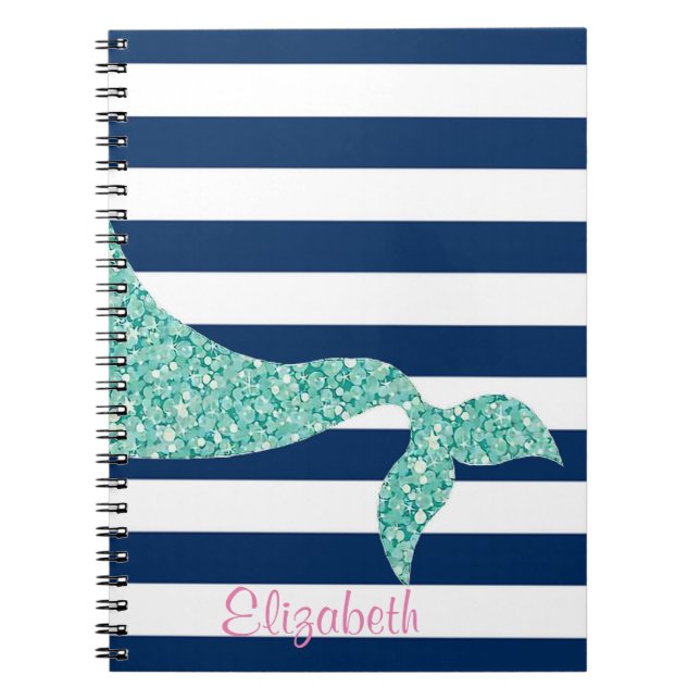 Cute Mermaid Tail, Navy Blue Stripes-Personalized Notebook (Front)