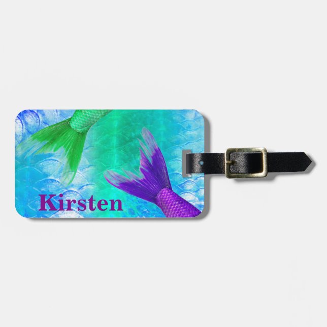 Cute Mermaid Tails & Blue Scales Luggage Tag (Front Horizontal)