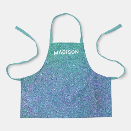 Cute Mermaid Teal Blue Glitter Ombre Name Kids Apron