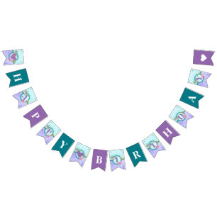 Cute Mermaid Teal & Purple Happy Birthday Bunting Flags