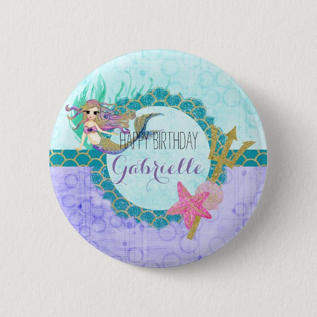 Cute Mermaid Teal & Purple Monogram Happy Birthday Button (Front)