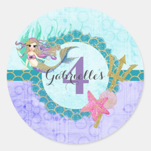 Cute Mermaid Teal  Purple Name Age Birthday Party Classic Round Sticker