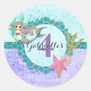 Cute Mermaid Teal & Purple Name Age Birthday Party Classic Round Sticker