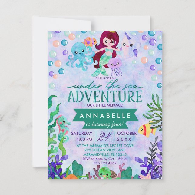 Cute Mermaid Theme Birthday Party Invitations (Front)
