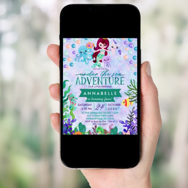 Cute Mermaid Theme Birthday Party Invitations (Front Digital)