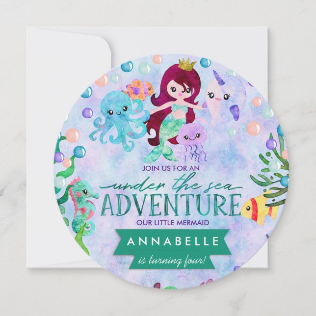 Cute Mermaid Theme Birthday Party Invitations (Front)