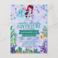 Cute Mermaid Theme Birthday Party Invitations