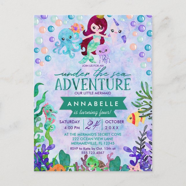 Cute Mermaid Theme Birthday Party Invitations (Front)