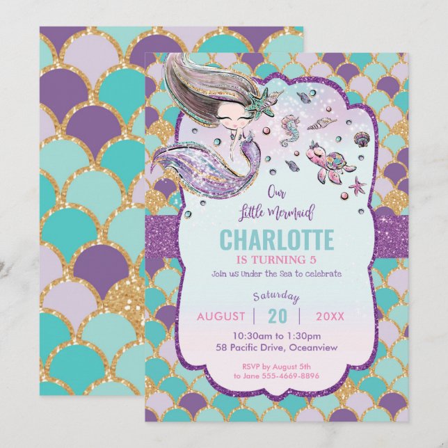 Cute Mermaid Under the Sea Birthday Pool Ocean Sea Invitation (Front/Back)