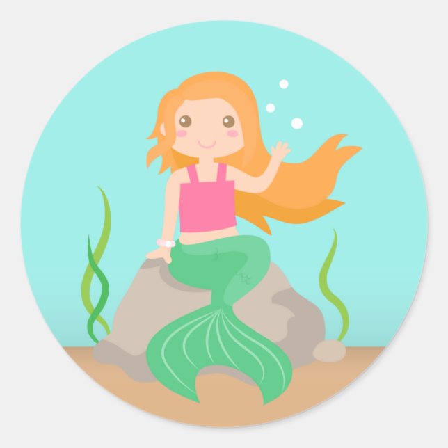 Cute Mermaid under the sea, for Girls Classic Round Sticker (Front)
