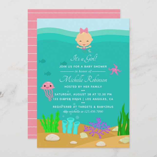 Cute Mermaid Under the Sea Girl Baby Shower Invitation (Front/Back)