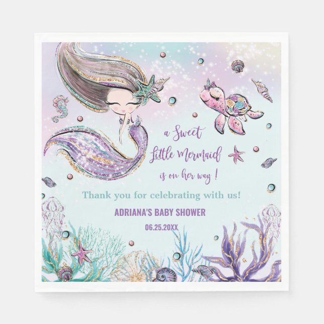 Cute Mermaid Under the Sea Girl Baby Shower Party Napkins (Front)