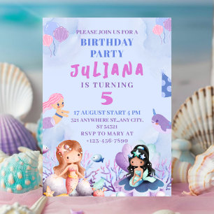 Cute Mermaid Under the Sea girl Birthday Party Invitation