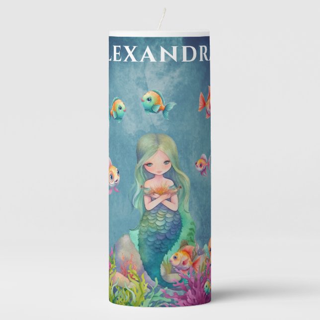 Cute Mermaid under the sea  Monogram Pillar Candle (Front)
