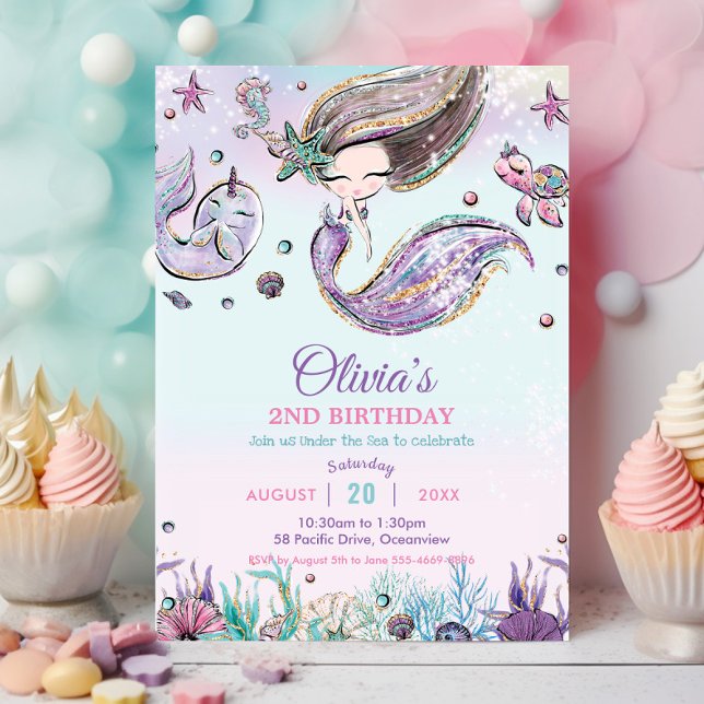 Cute Mermaid Under the Sea Narwhal Purple Birthday Invitation (cute brunette mermaid under the sea turtle seahorse purple pink pool birthday party invitation cards)