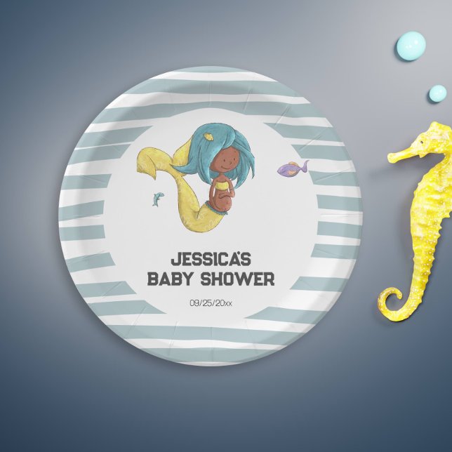 Cute Mermaid Under The Sea Paper Plates (Cute Mermaid Baby Shower Paper Plates with Black Pregnant Mermaid)