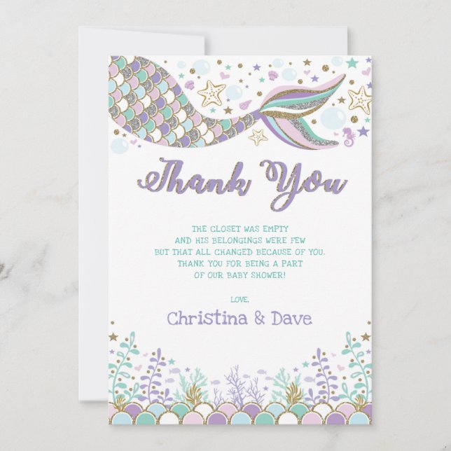 Cute Mermaid Under the Sea Party Baby Shower Thank You Card (Front)