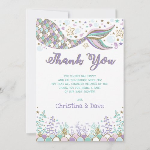 Cute Mermaid Under the Sea Party Baby Shower Thank You Card
