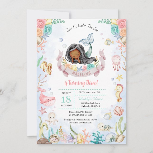 Cute Mermaid Under The Sea Pool Party Birthday Invitation (Front)
