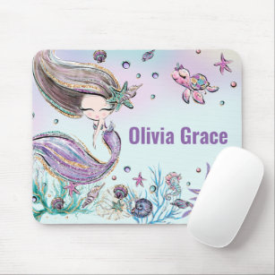 Cute Mermaid Under the Sea Purple Glitter Mouse Pad