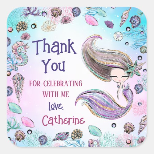 Cute Mermaid Under the Sea Thank You Gift Square Sticker
