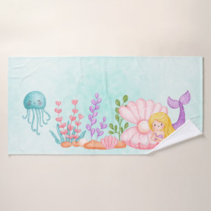 Cute Mermaid Under the Sea Watercolor Bath Towel Set