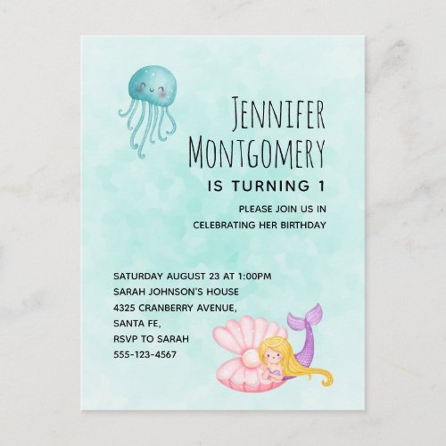 Cute Mermaid Under the Sea Watercolor Birthday Invitation Postcard