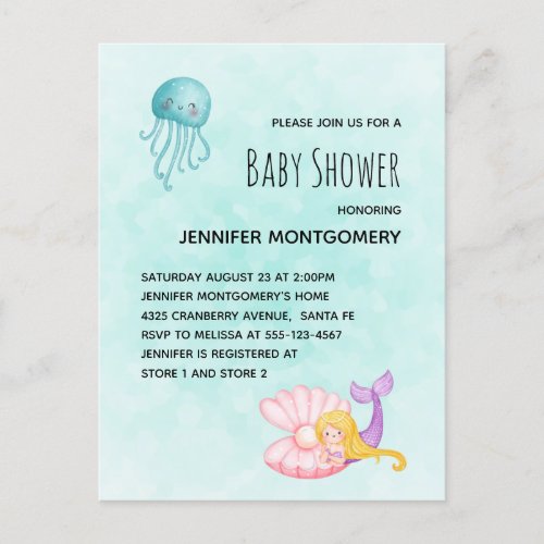 Cute Mermaid Under the Sea Watercolor Invitation Postcard