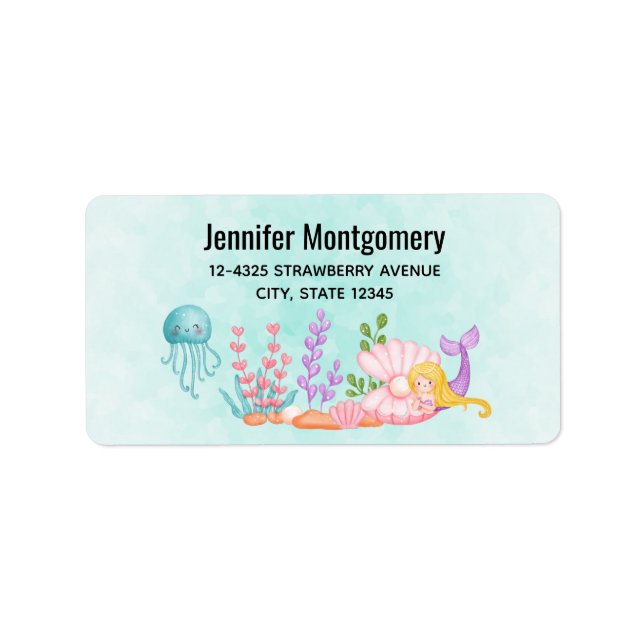 Cute Mermaid Under the Sea Watercolor Label (Front)