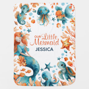Cute Mermaid Under The Sea Watercolor Ocean Girl Baby Blanket